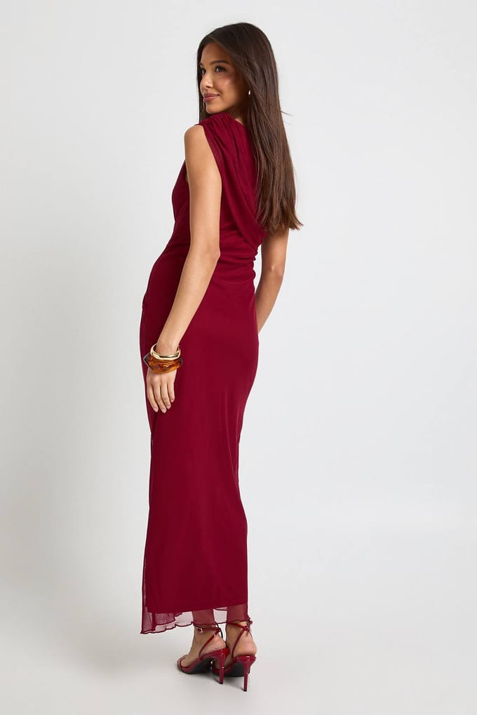 boohoo Dames Maxi-jurk met mesh-draperie op de schouders | Burgundy | Maat: 16