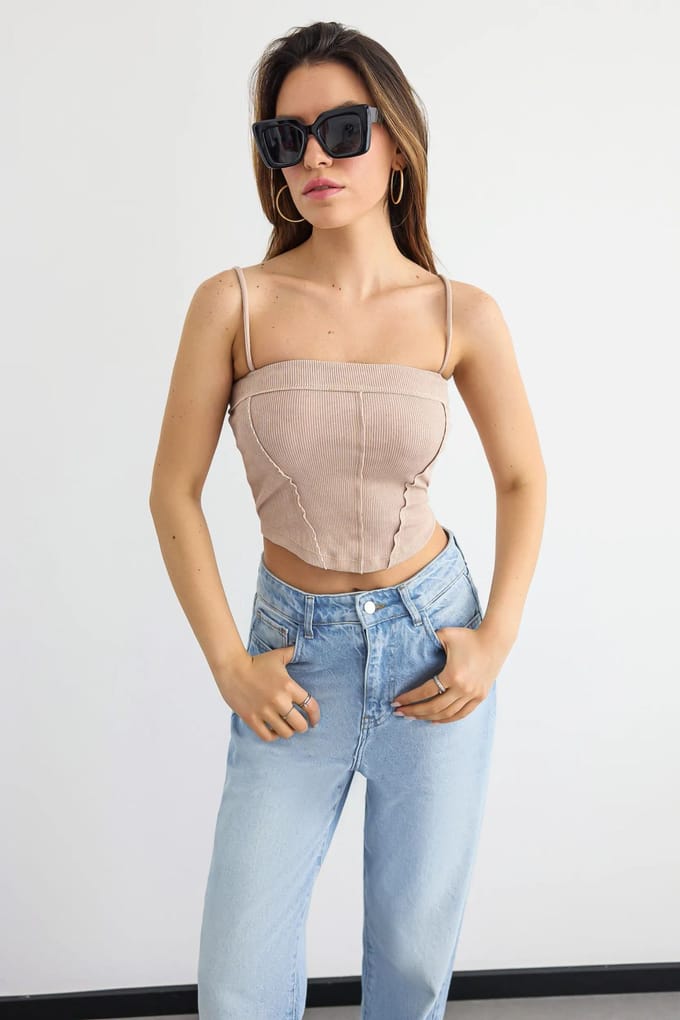 Geribbelde Corset Cami Top met Voordeelnaad