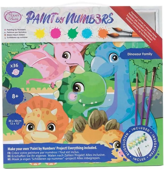 Craft Buddy schilderen op nummer dinosaurus familie 30x30cm acryl set.