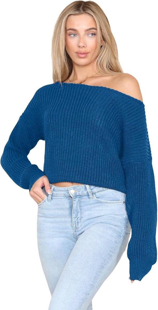 Dames Gebreide Cropped Trui met Off Shoulder Hals en Wijde Pasvorm