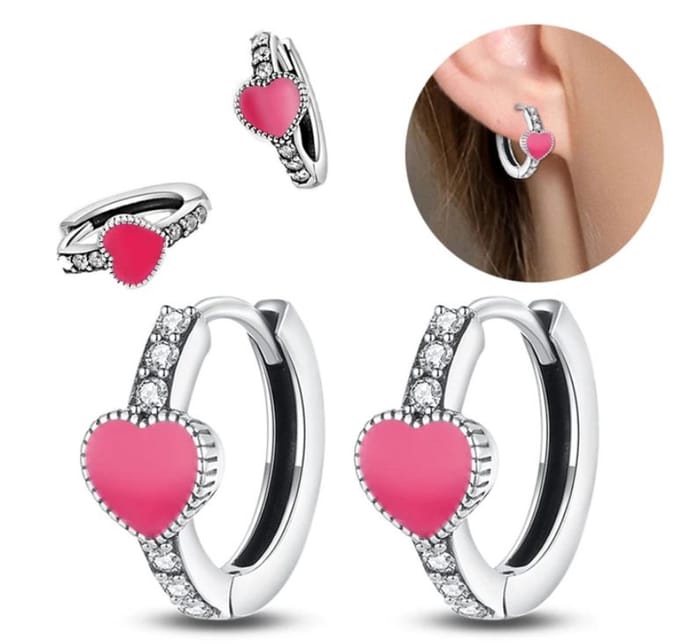 Oorbellen - Oorringetjes met hartje roze Sterling zilver925