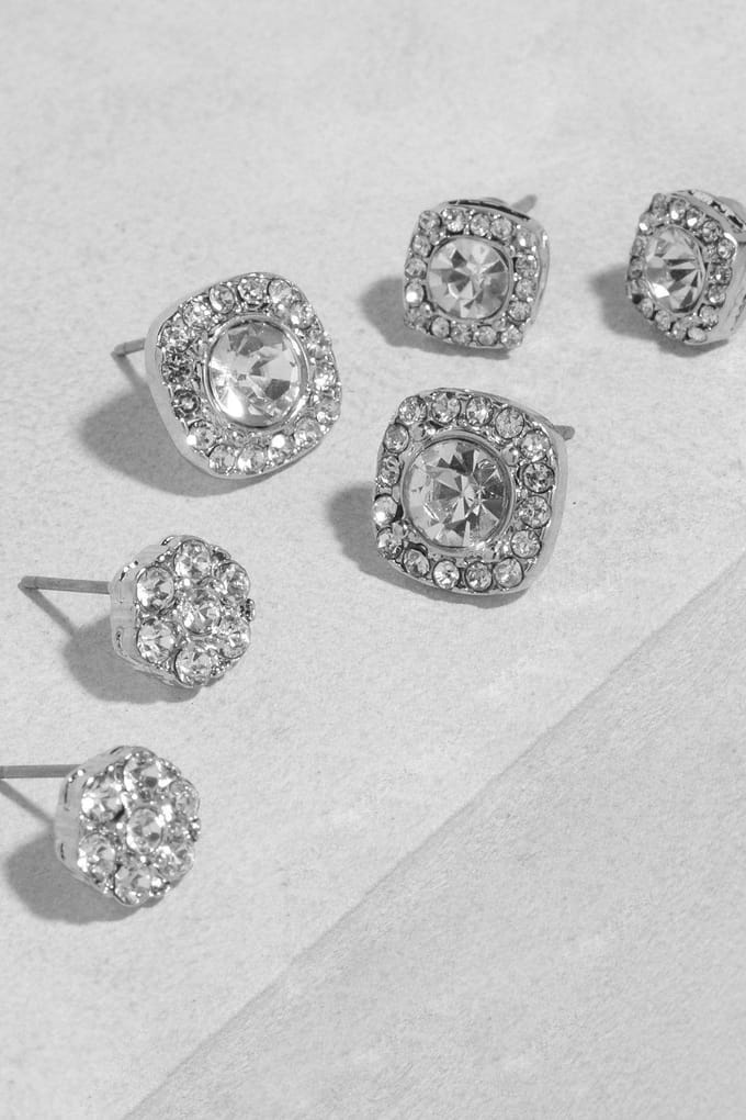 boohoo Dames Zilveren Vierkante Diamante Stud 3 Pack