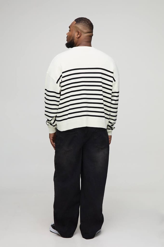 Plus Gebreide Gestreepte Oversized Rondhals Trui | Ecru | Size 2XL