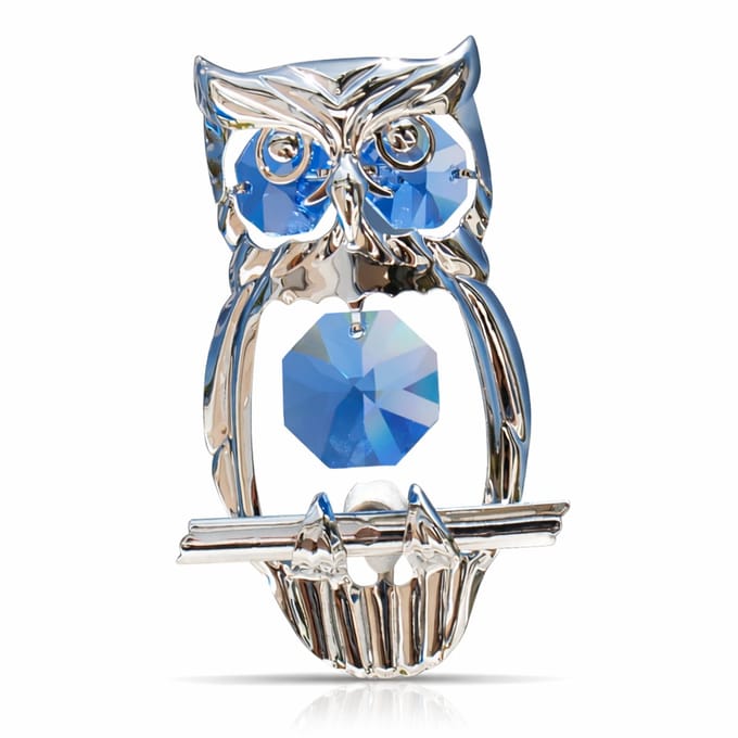 Zilveren Uil met Blauwe Kristallen – Luxe Decoratie & Raamhanger
