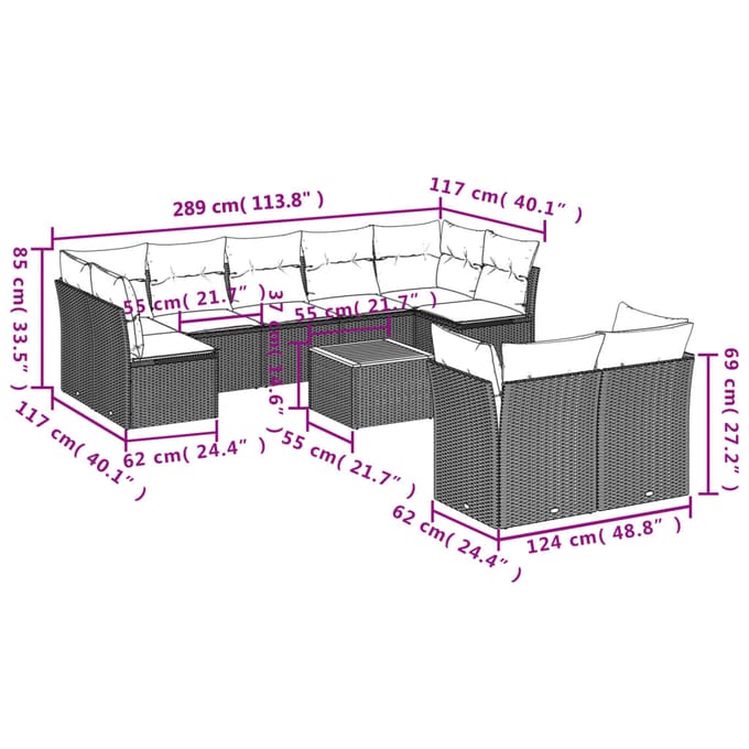 vidaXL - 10-delige - Loungeset - met - kussens - poly - rattan - grijs