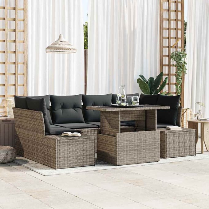 vidaXL Bankstel met kussen 7 pcs Grijs poly rattan
