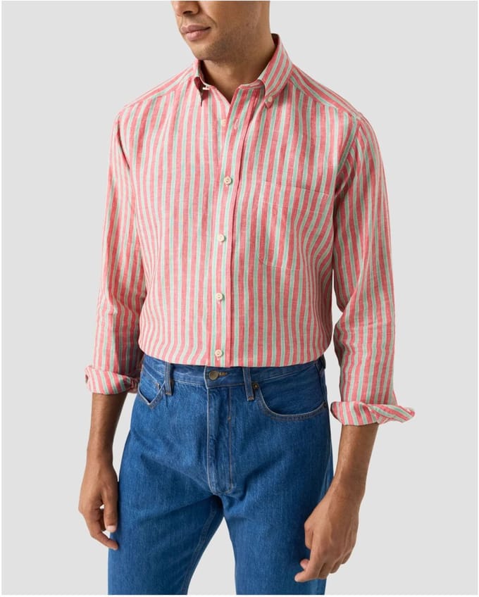 Eton - Overhemd Rood Eton Multi Striped Linen Shirt Lange Mouw Overhemd Rood 100014792