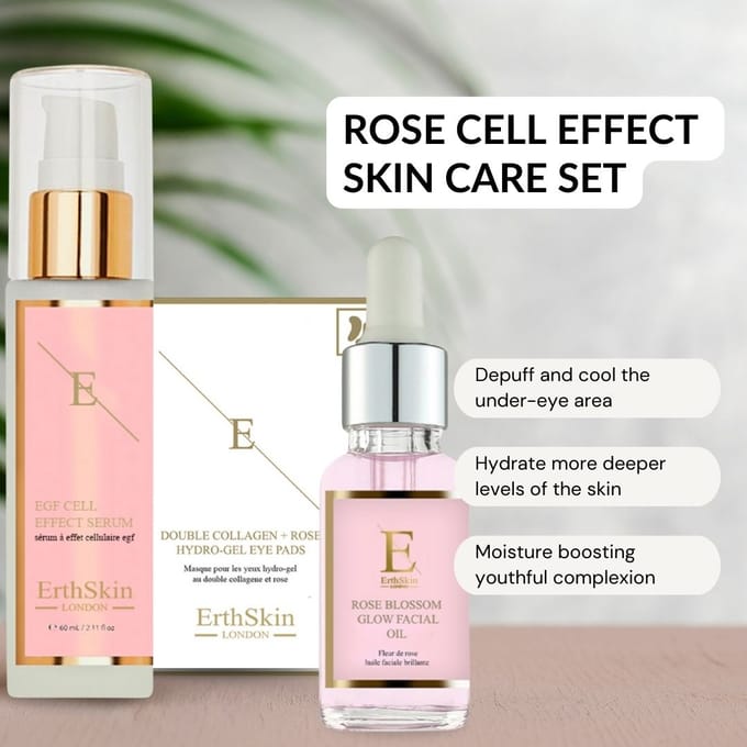 EGF CELL EFFECT SERUM 60ML + Rozenbloesem Glow Gezichtsolie 30ml +Double Collageen + Rozen Hydrogel Oogkompressen 5 X 2