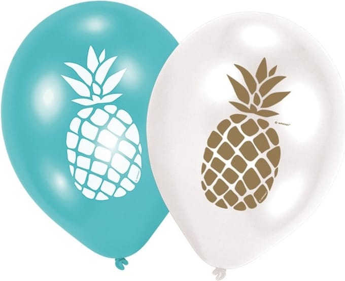 Ballonnen ananas - 6x stuks - 27 cm - blauw/wit - feestartikelen