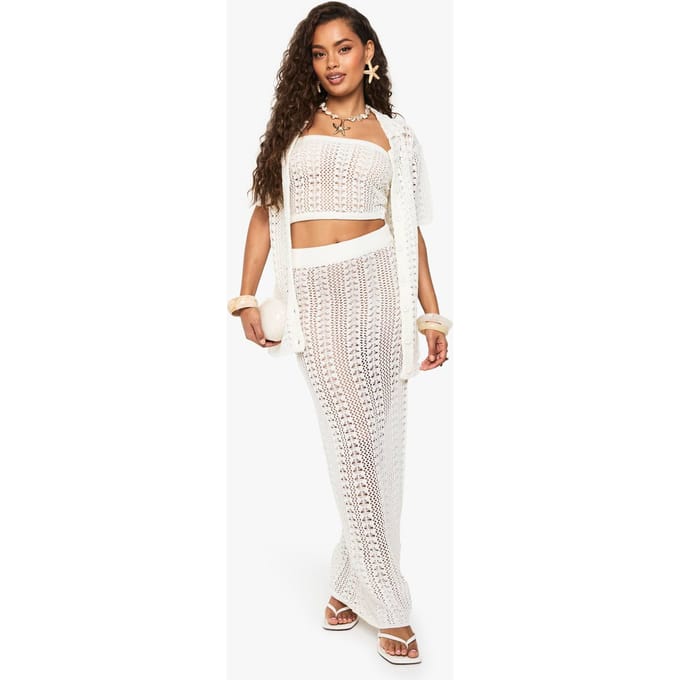 boohoo Dames Gehaakt oversized shirt, bandeautop en maxi rok set | Creme | Maat: Small