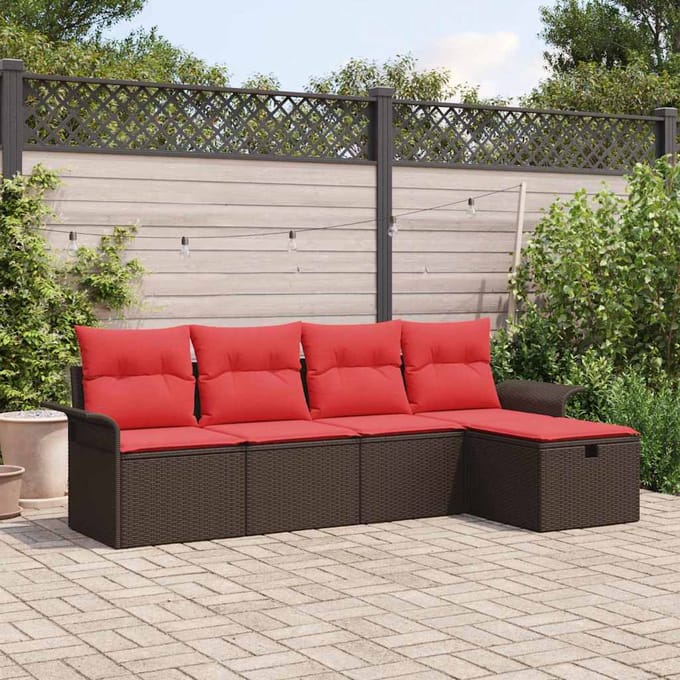 vidaXL - Tuinbank - Set - 5 - st - Bruin - en - Rood - poly - rattan