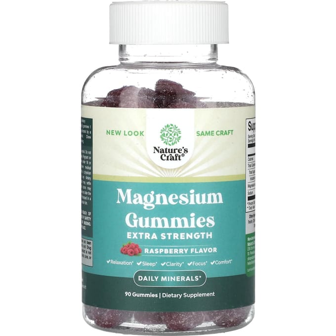 Nature's Craft, gommes de magnésium, force extra, saveur framboise, 90 gommes