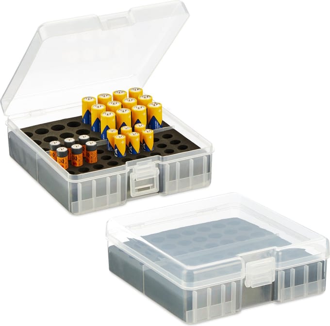 batterij organizer set van 2 - bewaardoos voor 60 AA en AAA-batterijen - 5,5x15x15,5 cm - transparant/zwart