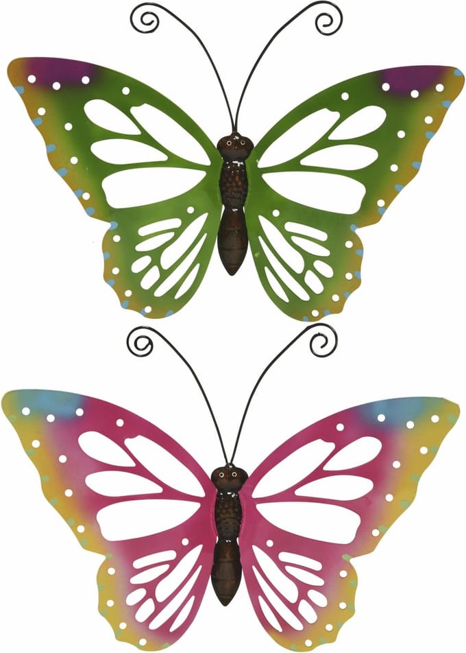 Decoris Tuindecoratie vlinders 2x metaal - groen roze - 51x38 cm - wand schutting decoratie