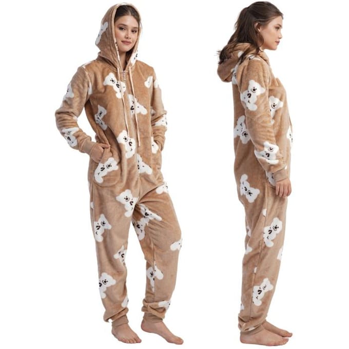 Combinaison à Capuche Pelucheuse Pyjama Femme M Ours Pour Cadeau Fermeture Éclair beige