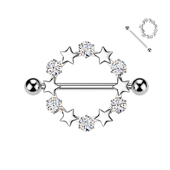 Tepelpiercing ster en steen schild 1.6x14 - zilver - LMPiercings