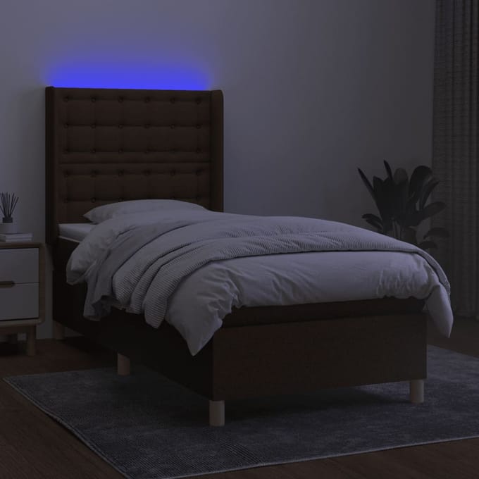 vidaXL - Boxspring - met - matras - en - LED - stof - donkerbruin - 90x190 - cm