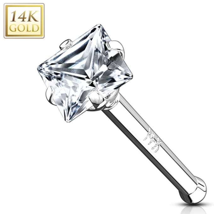 Piercing 14kt vierkant steen 0.8x6x2 - wit goud - LMPiercings