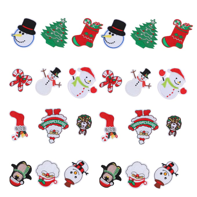 24 Stuks Kerst Patches Borduurwerk Stoffen Stickers Kerstman Sneeuwpop DIY Strijkpatch white