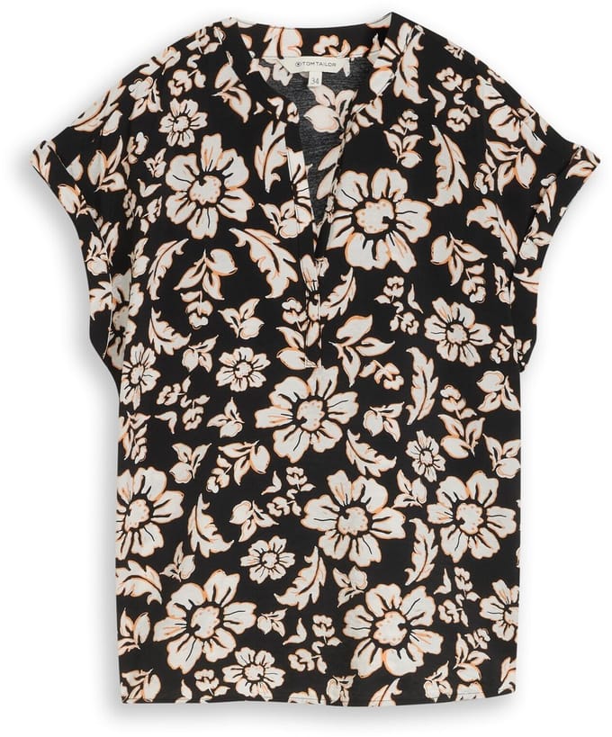 Tom Tailor - Losvallende blouse met V-hals - Maat 40 - black big flower design
