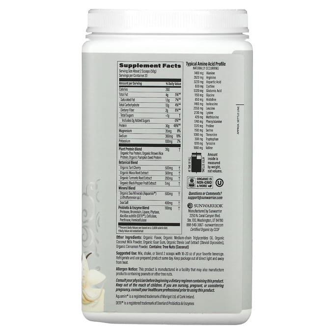 Sunwarrior Active Protein Organic (1000g) Vanilla - Eiwitten - Veganistisch eiwit