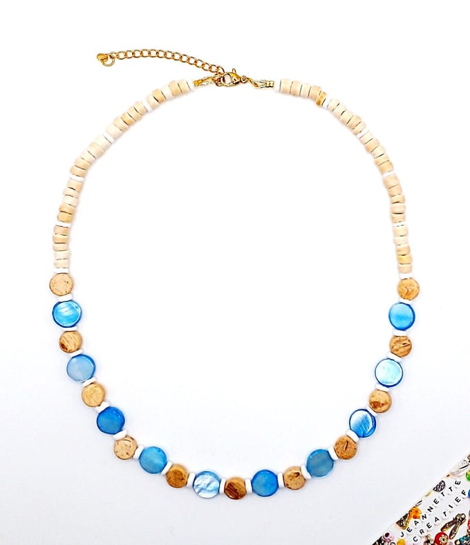 Jeannette-Creatief® - Bleu Circle Shell - Shell - Dames Ketting - Disc Schelpen - Kokos