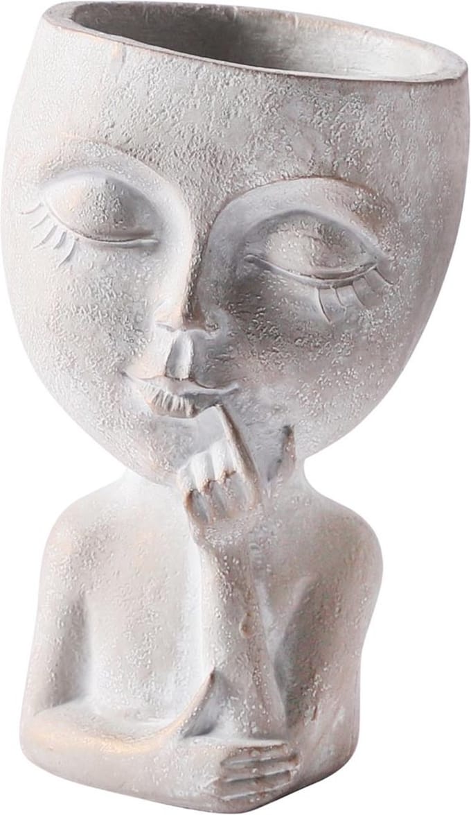 Dekoratief | Bloempot vrouwenhoofd, grijs, cement, 11x11x17cm | A250013