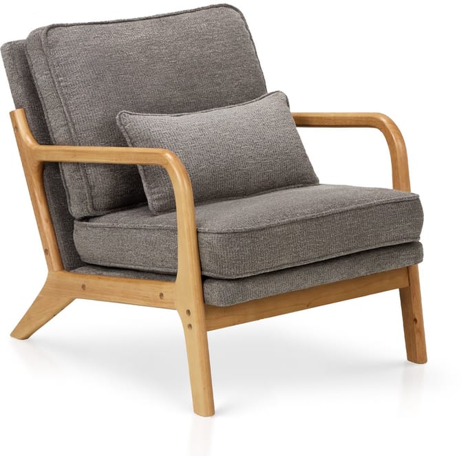COLAMY midcentury fauteuil — met lendenkussen — massief houten frame — grijs