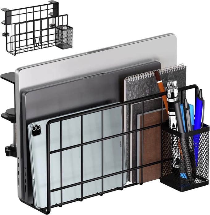 Verticale Laptopstandaard met Opbergruimte, Bureau Organizer met Penhouder en Klem, Zwart