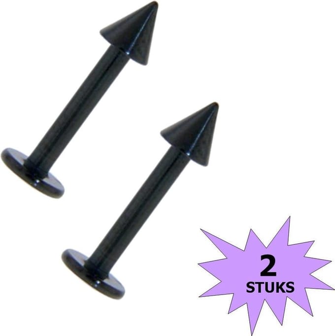 Fako Bijoux® - Labret Piercing - Spike - 3mm - Zwart - 2 Stuks