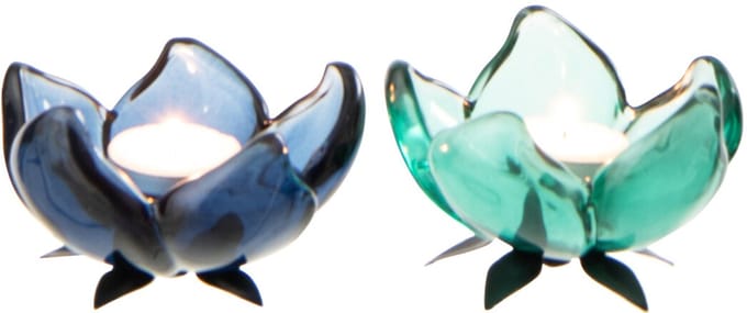 J-Line theelichthouder Bloem - glas - groen/blauw - small - set van 2