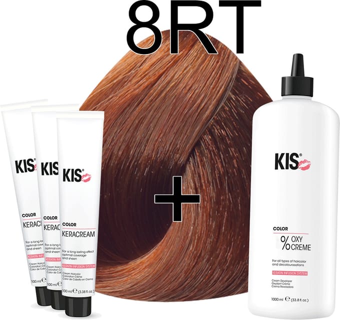 Kis KeraCream Color - 100ml - Haarverf Set - 8RT Licht rood tabak | KIS - (3 x haarverf & 1L waterstofperoxide)
