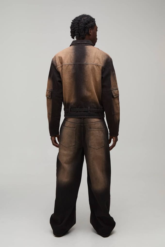 Baggy Stijve Bleach Washed Denim Jeans | Brown | Size 32R