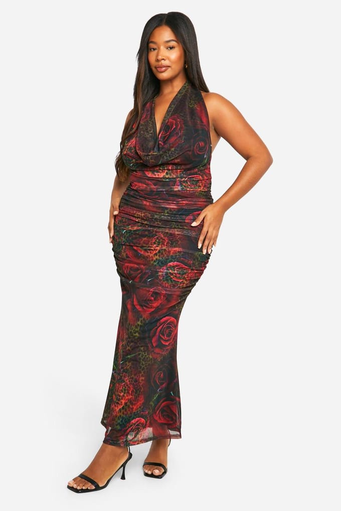 boohoo Dames Plus Animal Floral Printed Halterneck Ruched Maxi Jurk | Leopard | Maat: 28