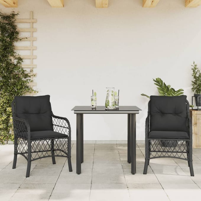 vidaXL - 3-delige - Bistroset - met - kussens - poly - rattan - zwart