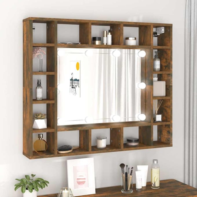 vidaXL - Spiegelkast - met - LED-verlichting - 91x15x76,5 - cm - gerookt - eiken