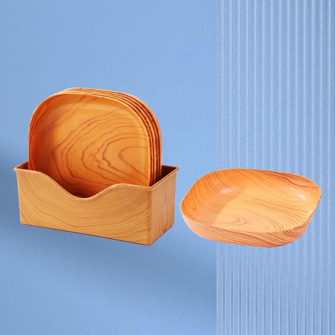 Lot de 6 plats de service carrés en bois, design spacieux, pour collations et desserts, avec organiseur orange