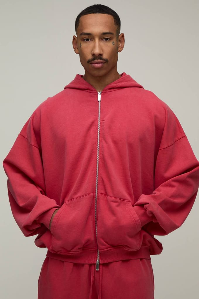 Oversized Boxy Hoodie Met Verlaagde Schouders, Loopback Wassing En Rits | Red | Size Small