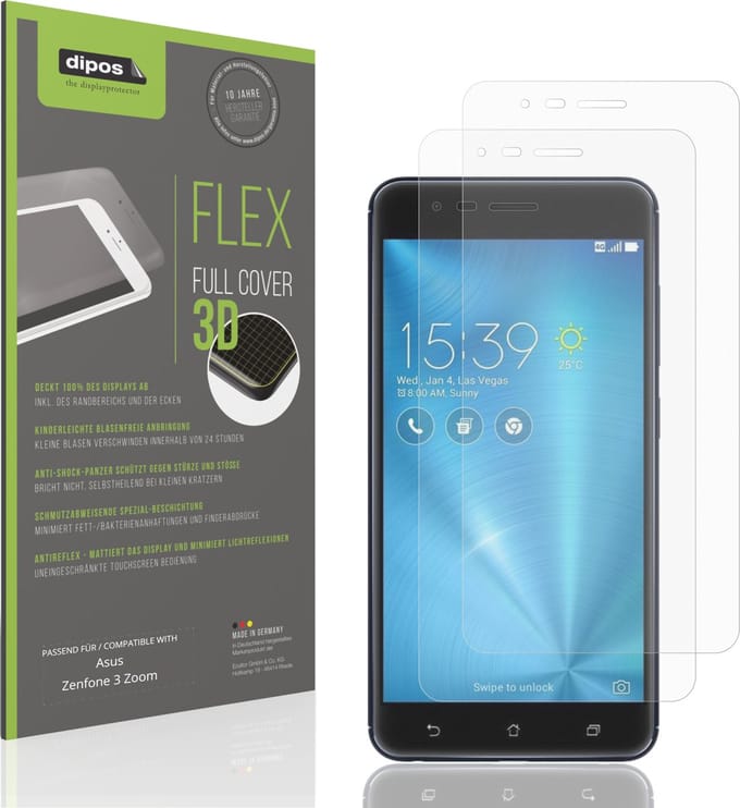 dipos FLEX – 2x Matte Screenprotector geschikt voor Asus ZenFone 3 Zoom | Volledige Schermbescherming | Case-Friendly