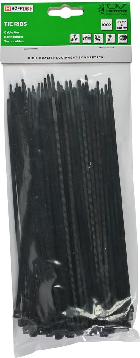 Hofftech Sterke nylon kabelbinders - uv-bestendig - 200 mm - zwart - 100 stuks