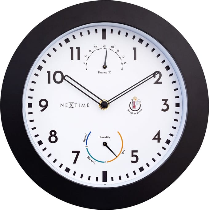 NeXtime Daisy – Weerstation Wandklok – 25.5 cm – Metaal – Zwart/Wit – Weerbestendig
