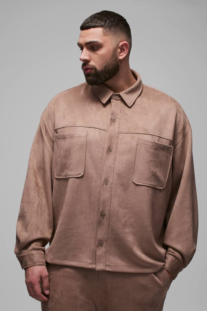 Plus Faux Suede Oversized Shirt | Taupe | Size 2XL