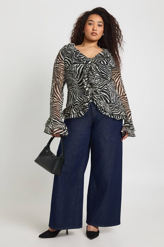 boohoo Dames Plus Chiffon Zebra Ruches Top | Zebraprint | Maat: 46