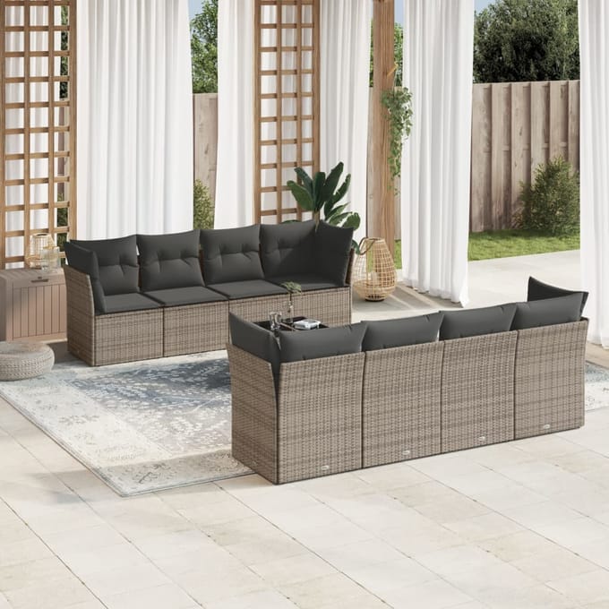 vidaXL - 9-delige - Loungeset - met - kussens - poly - rattan - grijs