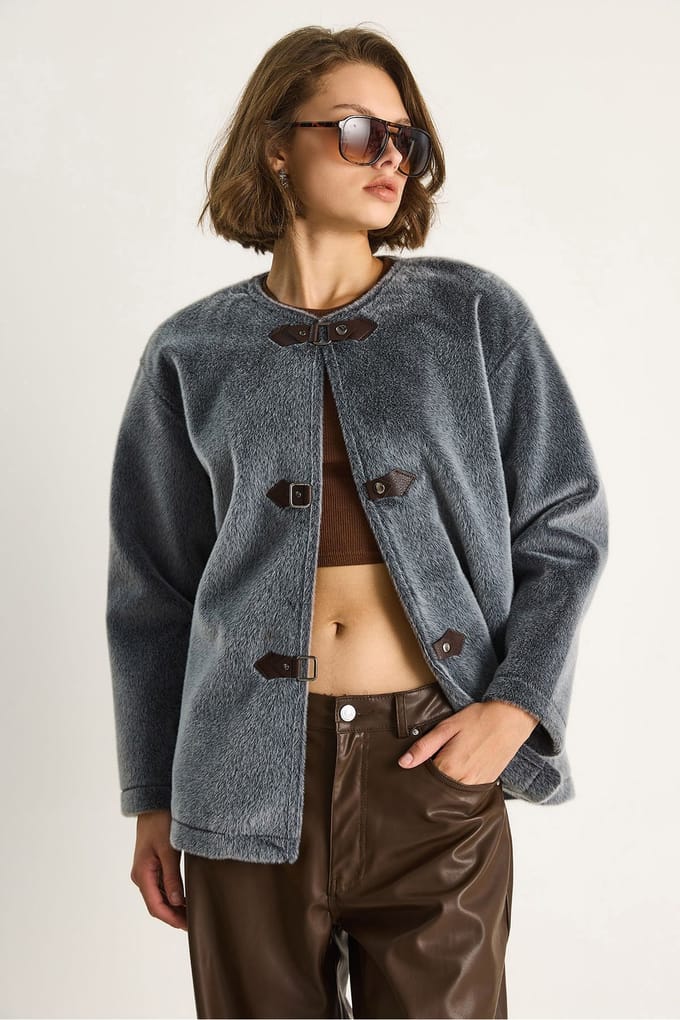 Textuur Gabardine Lange Jas met Kraagknopen