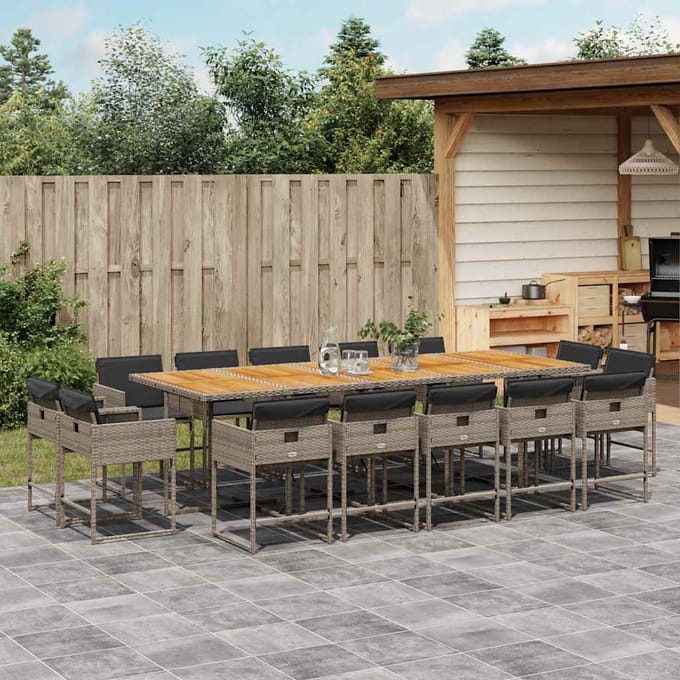 vidaXL - 15-delige - Tuinset - met - kussens - poly - rattan - grijs