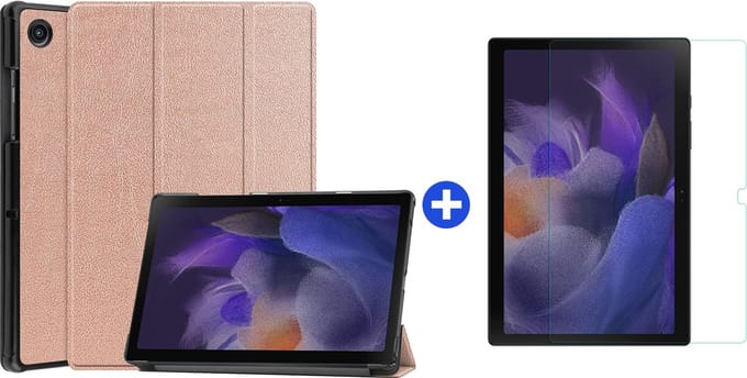 Hoes Geschikt voor Samsung Galaxy Tab A8 (2021/2022) Tri-Fold tablethoes + tempered glass screenprotector - Roségoud