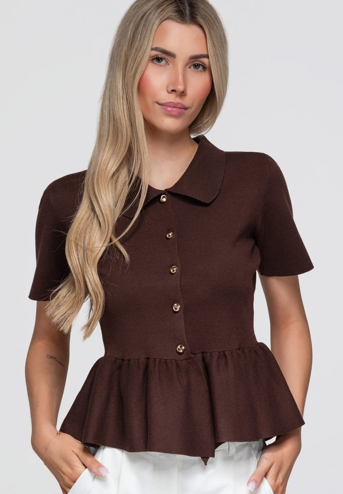 OMBRE Blouse - Slim Fit - Viscose - Korte Mouw Bruin M/L