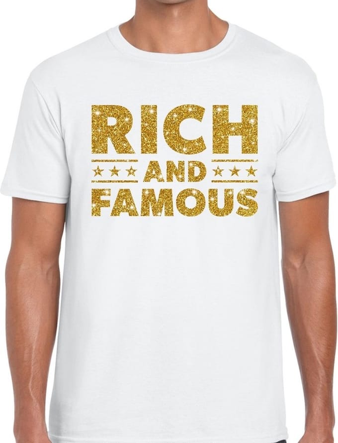 Rich and Famous goud glitter tekst t-shirt wit voor heren S