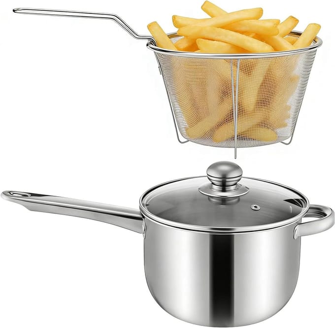 Frituurpan met mand - Keukenpan - Thuis koken - Efficiënte oliezeef - Grote capaciteit - Zilverkleurig